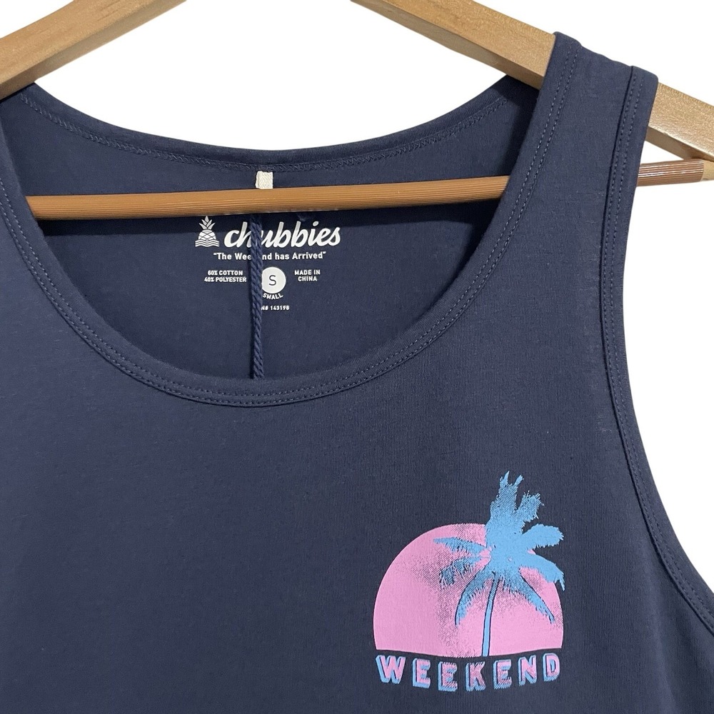 Chubbies Mens Tank Top Size S Navy Palm Tree Sunset Weekend Graphic Tee - Picture 2 of 7